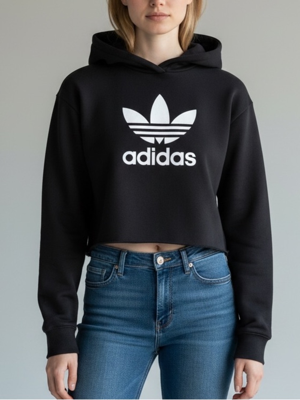 adidas Originals Black Cropped Hoodie with White Logo